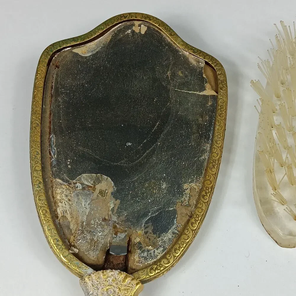 Vintage Hair Brush Brown Marble Like Back Golden Handle Clear Bristles Removable